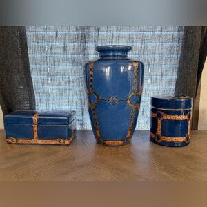TOYO vintage Blue and Gold Ceramic Vase Set